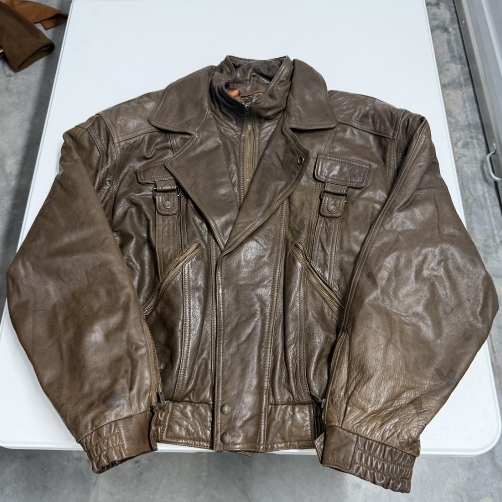 Alberto giovanni Leather Bomber Jacket Mens L Brown Distressed Vintage Utility